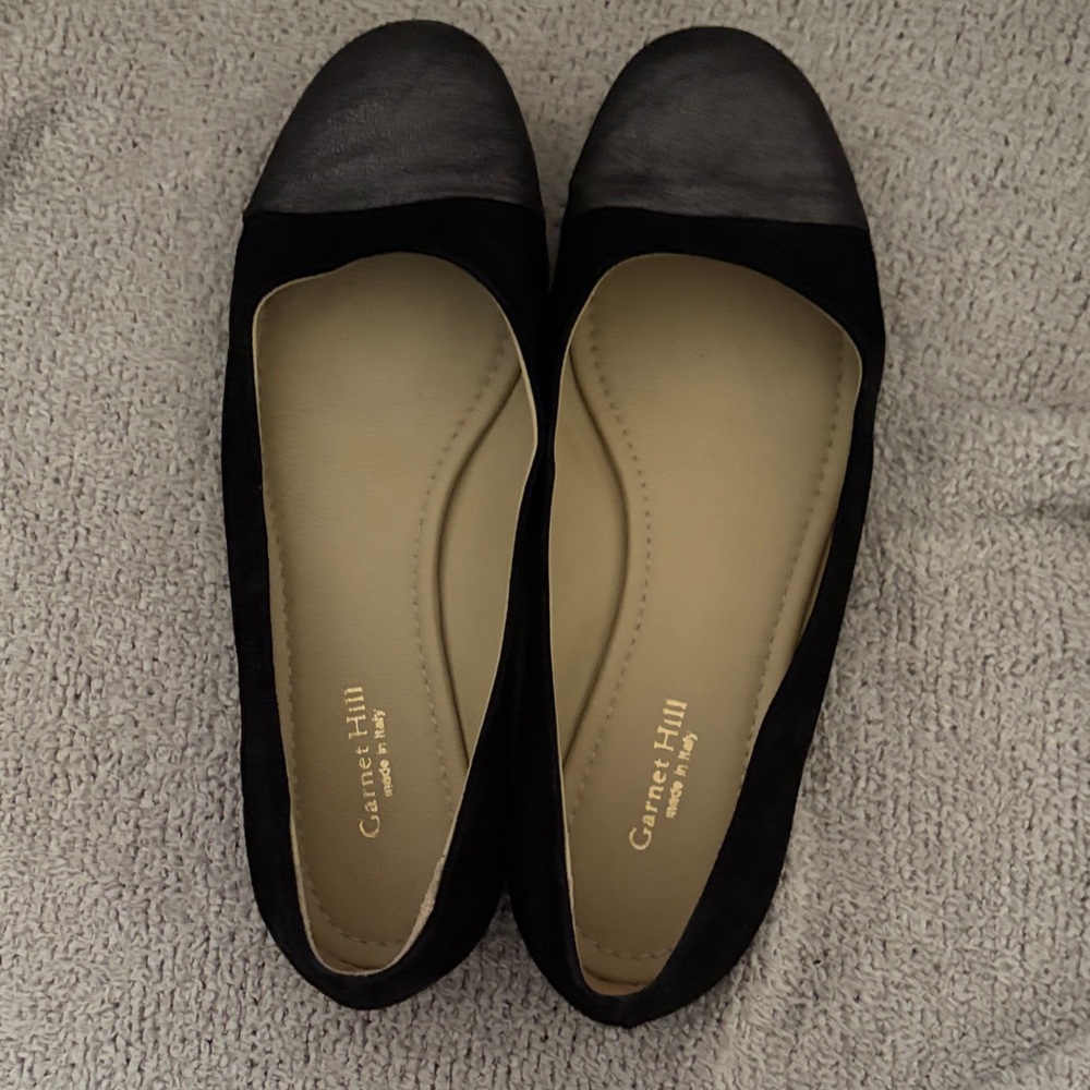 Garnet Hill Black Suede and Gray Metallic Leather Women's Flats 8.5